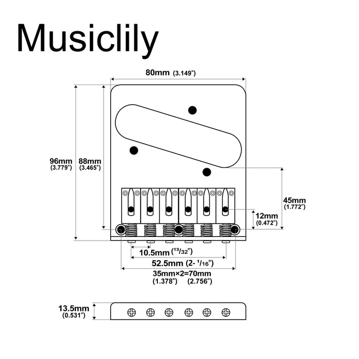 Dimensions of wilkinson m series 52 5mm2 1 16 inch guitar bridge with 6 modern style saddles for tele style electric guitar mx1814p