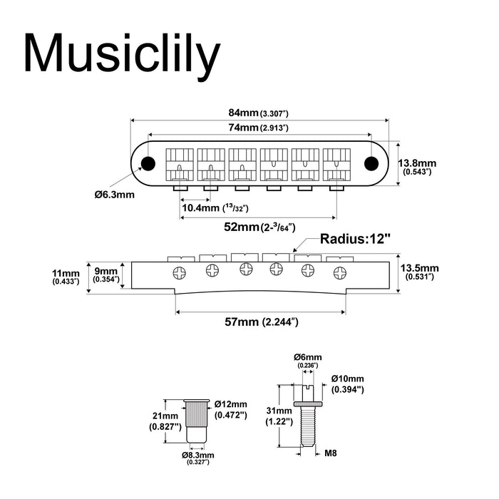 Viga Tune-o-matic de Estilo Largo com Espaçamento de Cordas de 52mm (2-3/64 polegadas) da Série M Wilkinson para Guitarra Elétrica LP SG Style
