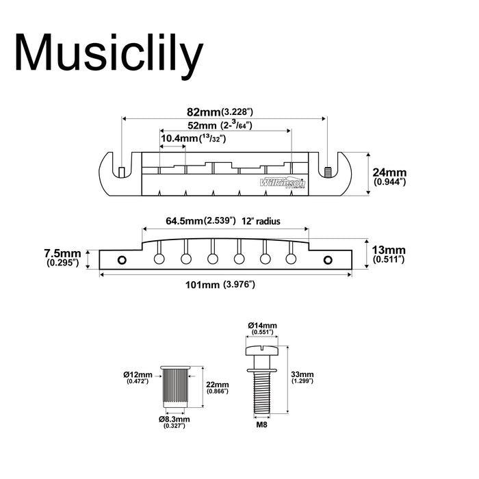 Dimensions of wilkinson m series 52mm2 3 64 inch string spacing pre set wraparound bridge for lp sg junior special style electric guitar mx1818p