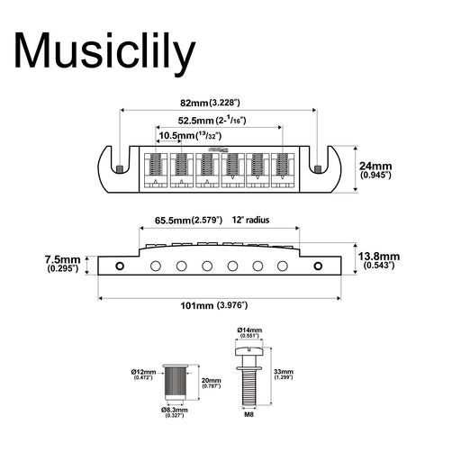 Dimensions of wilkinson m series 52 5mm2 1 16 inch string spacing adjustable pigtail style wraparound bridge for lp sg junior special style electric guitar mx1819p