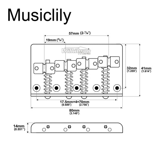 Dimensions of wilkinson m series 57mm2 1 4 inch top loading 4 string fixed bass bridge brass saddles for precision bass and jazz bass mx1820cr