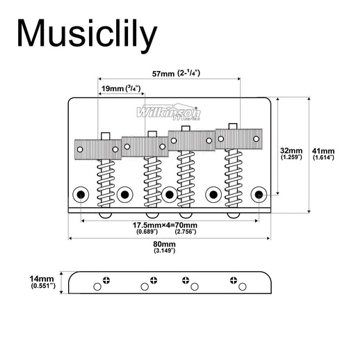 Dimensions of wilkinson m series 57mm2 1 4 inch top loading 4 string fixed bass bridge threaded saddles for precision bass and jazz bass mx1821cr
