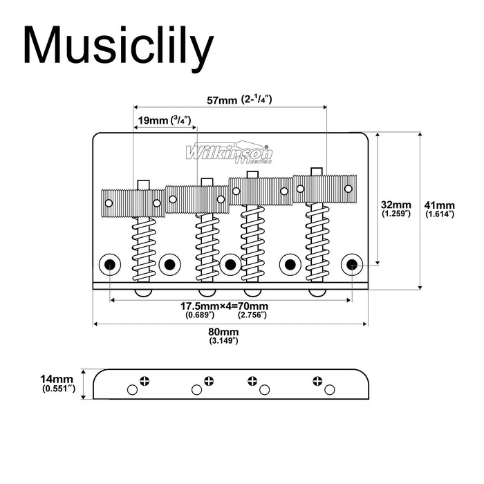 Dimensions of wilkinson m series 57mm2 1 4 inch top loading 4 string fixed bass bridge threaded saddles for precision bass and jazz bass mx1821cr