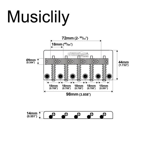 Dimensions of wilkinson m series wob51t 72mm2 53 64 inch top loading 5 string fixed bass bridge threaded saddles for precision bass and jazz bass mx1823cr