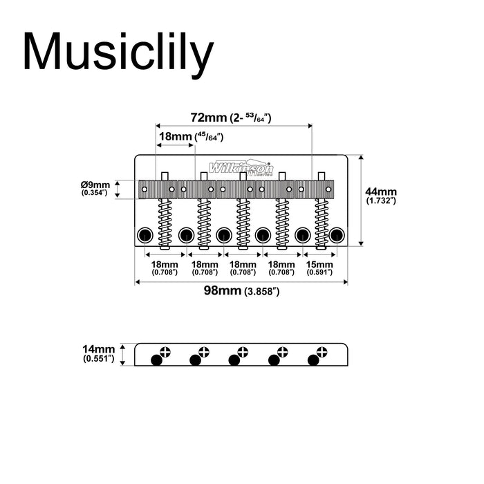 Dimensions of wilkinson m series wob51t 72mm2 53 64 inch top loading 5 string fixed bass bridge threaded saddles for precision bass and jazz bass mx1823cr