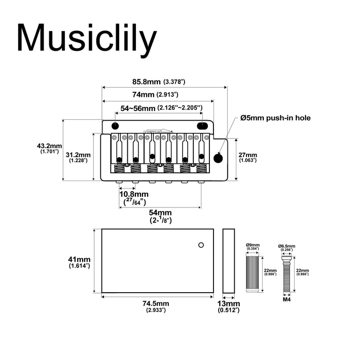 Dimensions of wilkinson wvp2 sb 54mm 2 point stainless steel saddles tremolo bridge with full steel block for japan korea import strat electric guitar mx1835p