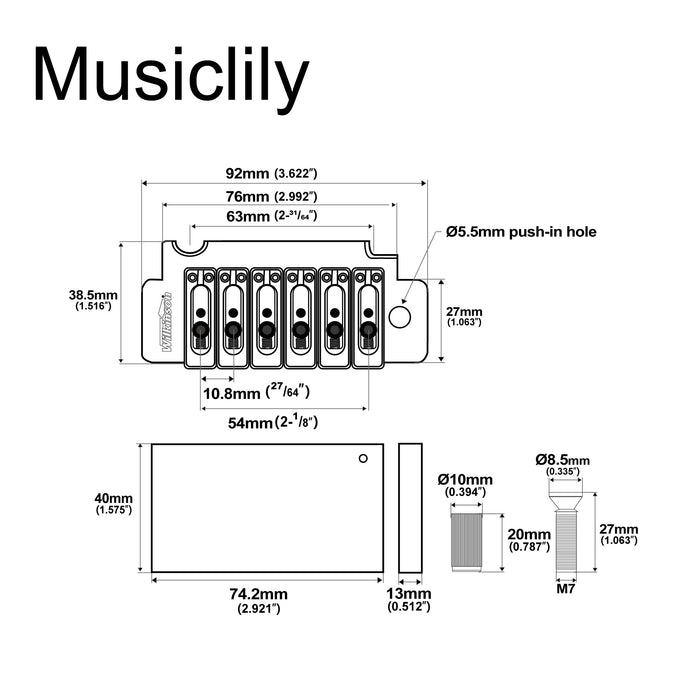 Dimensions of wilkinson wvs50k 54mm 2 point locking saddle tremolo bridge with full steel block for squier style strat electric guitar mx1838p
