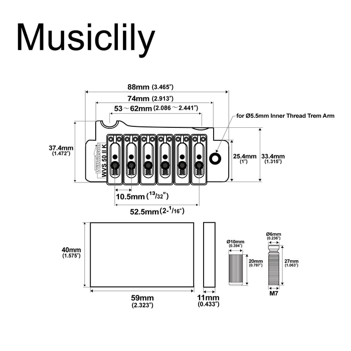 Dimensions of wilkinson wvs50iik 52 5mm2 1 16 inch 2 point stainless steel saddles tremolo bridge with full steel block for usa mexico japan korea strat electric guitar mx1839p