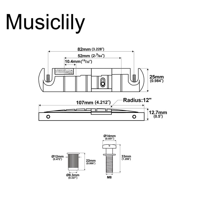 Wilkinson GTB 52mm(2-3/64 inch) Adjustable Intonated Wraparound Bridge Tailpiece for LP Style Electric Guitar