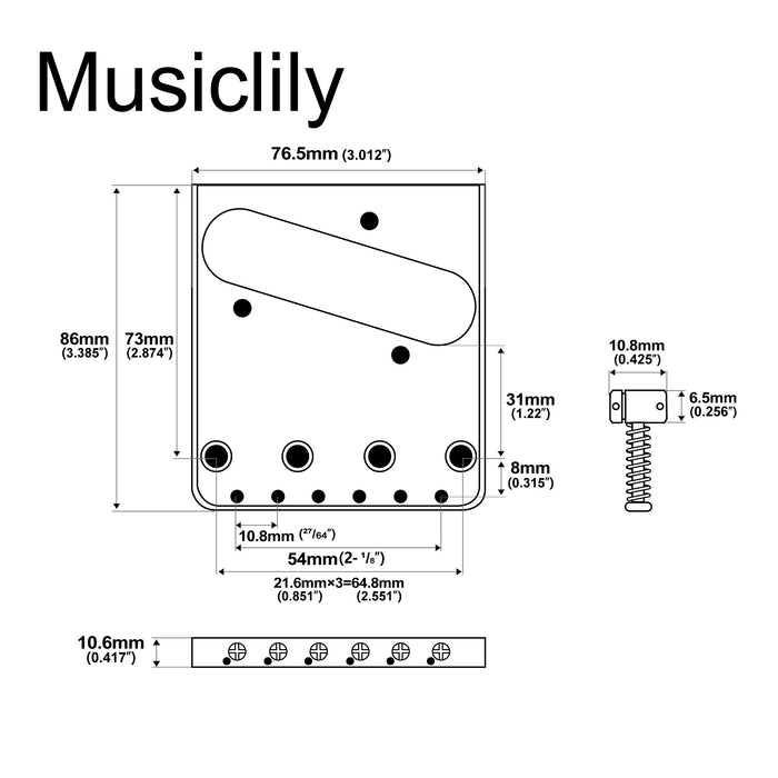 Dimensions of musiclily pro 54mm string spacing 6 saddles ash tray bridge for tele style electric guitar mx1841p