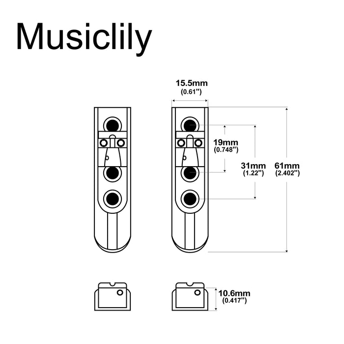 Dimensions of musiclily pro individual bass bridge single string lock down bass bridge for 4 string electric bass mx1844 2mx3136 2p