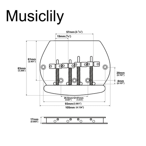 Dimensions of musiclily pro 57mm2 1 4 inch dual load 4 string bass bridge for music man style bass mx1845p