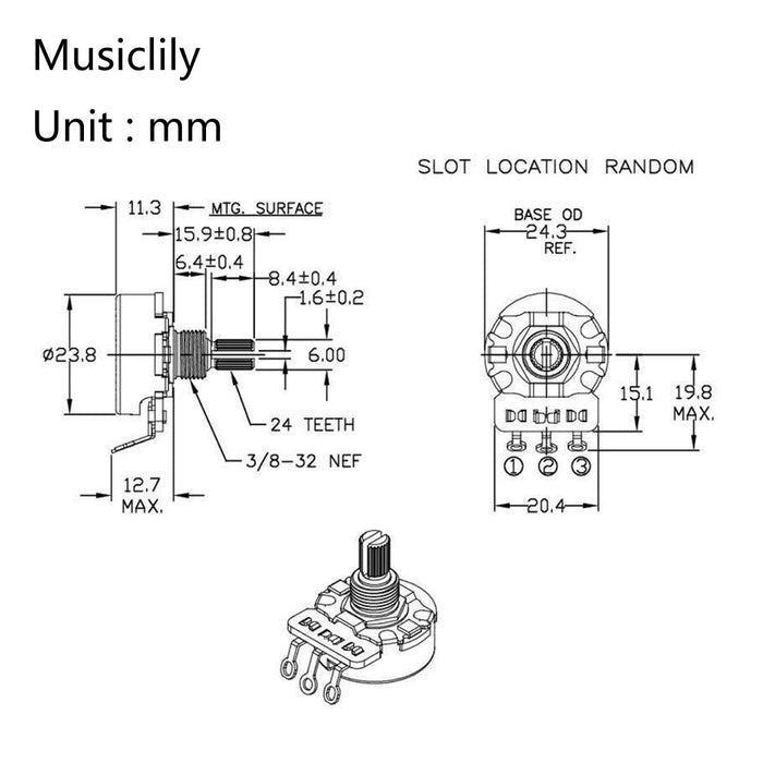 Dimensions of cts 450g a250kx2 b250k pots brass short split shaft 1 4 inch 10 audio linear taper potentiometers for electric guitar bass set of mx1860 2mx1864