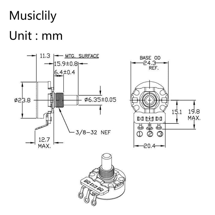 Dimensions of cts 450g a250k pot brass solid short shaft 1 4 inch 10 audio taper potentiometer for electric guitar bass mx1861