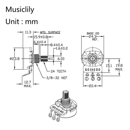 Dimensions of cts 450g vintage tone a250k pot brass short split shaft 1 4 inch 10 audio taper potentiometer for electric guitar bass mx1862