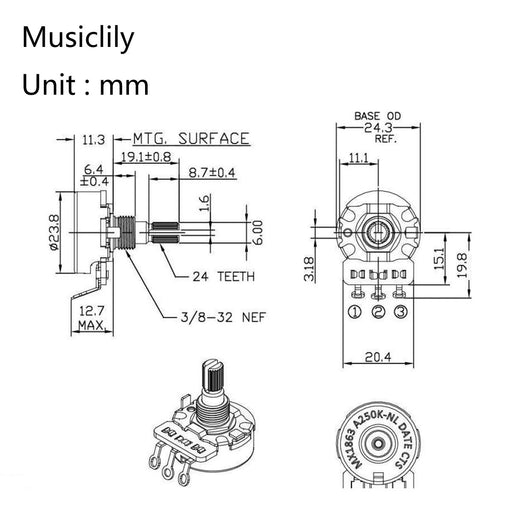 Dimensions of cts 450g no load a250k pot brass short split shaft 1 4 inch 10 audio taper potentiometer for electric guitar bass mx1863