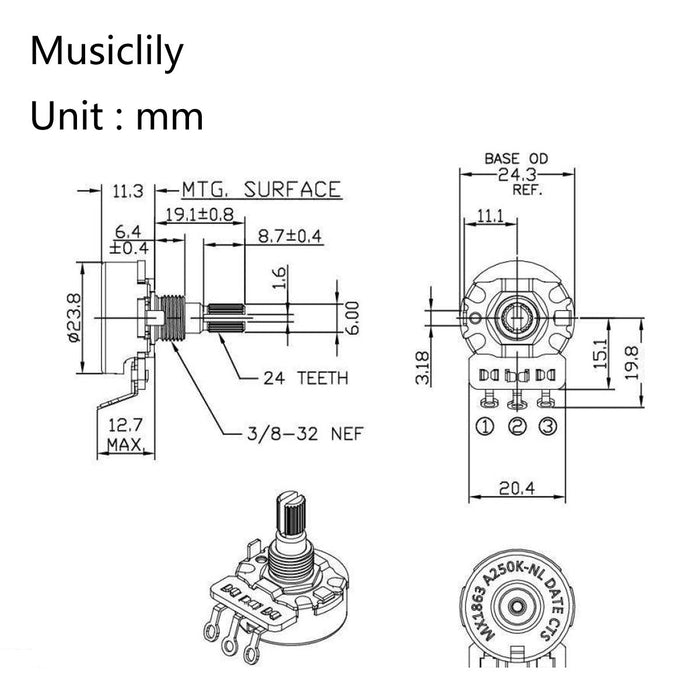 Dimensions of cts 450g no load a250k pot brass short split shaft 1 4 inch 10 audio taper potentiometer for electric guitar bass mx1863