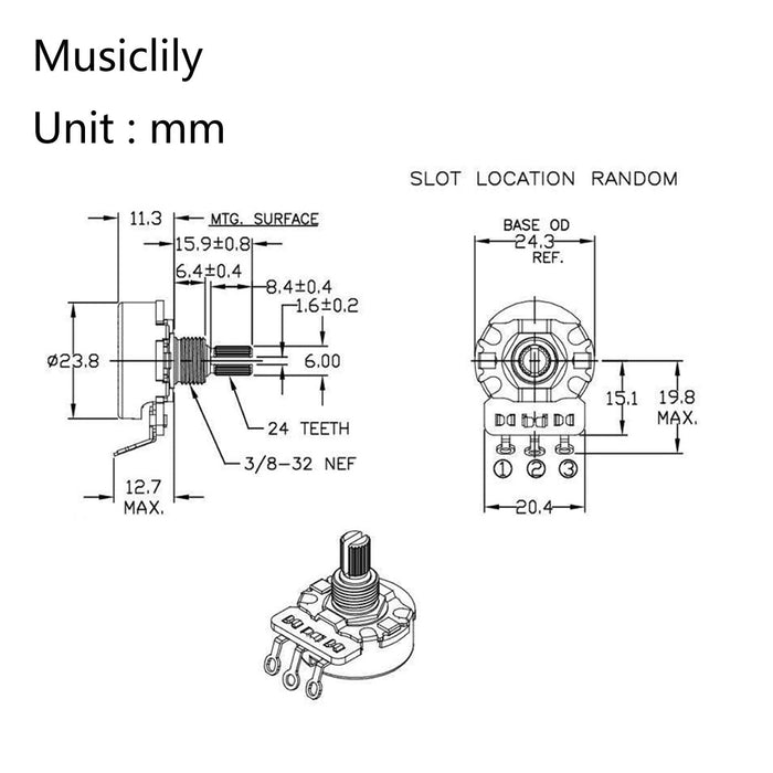 Dimensions of cts 450g b250k pot brass short split shaft 1 4 inch 10 linear taper potentiometer for electric guitar bass mx1864