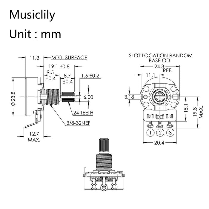 Dimensions of cts 450g a500k pot brass standard split shaft 3 8 inch 10 audio taper potentiometer for electric guitar bass mx1865