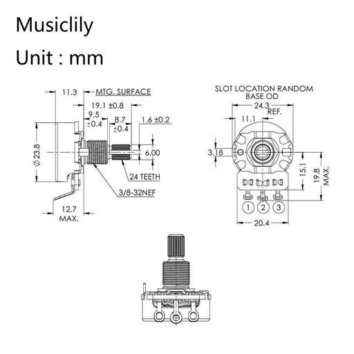 Dimensions of cts 450g b500k pot brass standard split shaft 3 8 inch 10 linear taper potentiometer for electric guitar bass mx1866