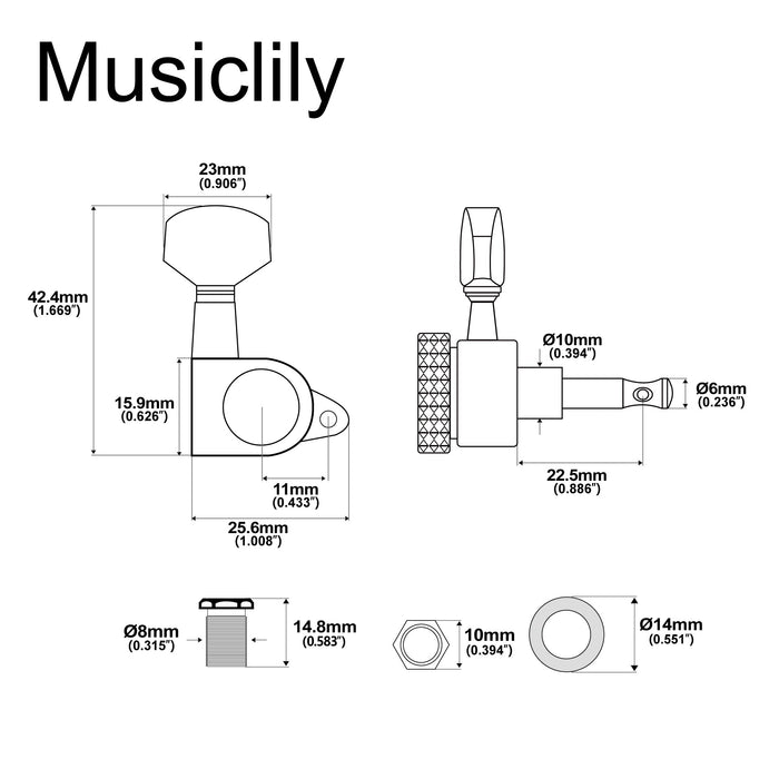 Dimensions of musiclily pro 3r3l 15 1 ratio full sealed locking machine heads tuners tuning pegs keys with big hex button right angle screw for acoustic electric guitar