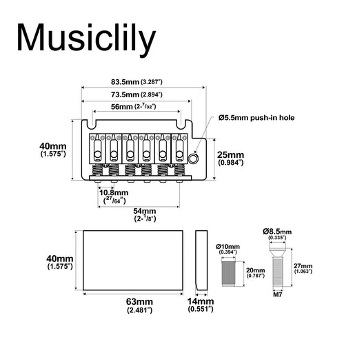 Dimensions of musiclily pro 54mm2 1 8 inch 2 point style guitar tremolo bridge with stainless steel saddles full steel block for japan import strat style electric guitar mx1891p