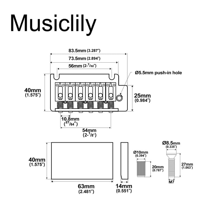 Dimensions of musiclily pro 54mm2 1 8 inch 2 point style guitar tremolo bridge with stainless steel saddles full steel block for japan import strat style electric guitar mx1891p