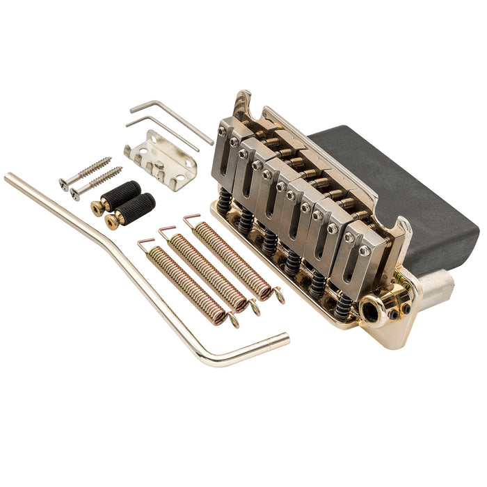 musiclily pro 54mm2 1 8 inch 2 point style guitar tremolo bridge with stainless steel saddles full steel block for japan import strat style electric guitar mx1891p, gold