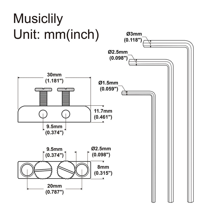 Dimensions of musiclily pro 1 5mm 2 5mm 3mm allen key headstock wrench holder for floyd rose tremolo bridge mx1901p