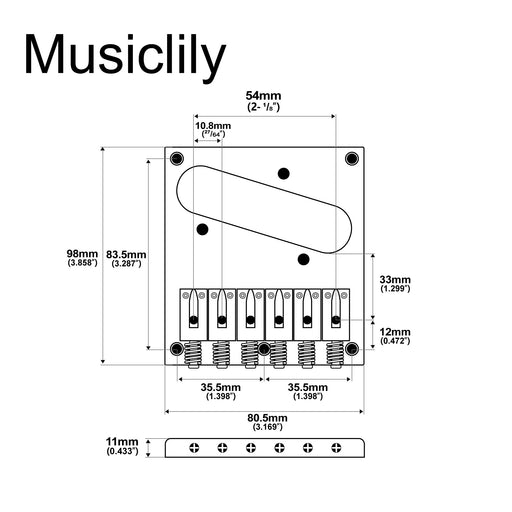 Dimensions of musiclily pro 54mm string spacing modern bridge with 6pcs sus stainless steel saddles for fender squier tele style electric guitar mx1904p