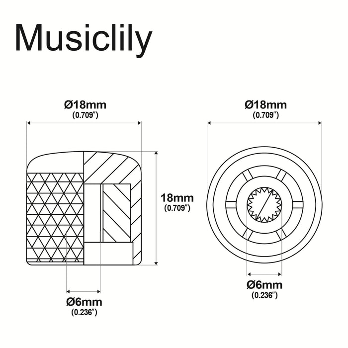 Dimensions of musiclily pro coarse 18 splines steel dome control knob for imported guitar bass mx1910 2p