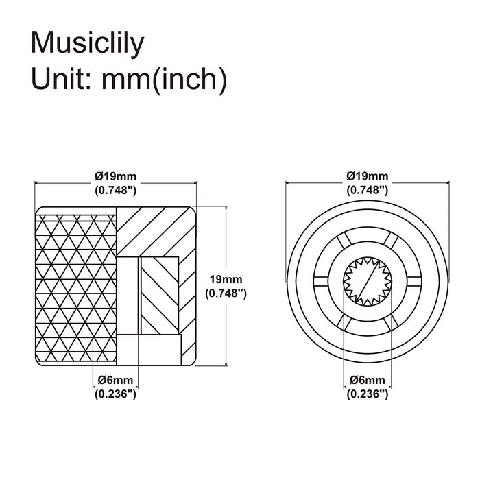 Dimensions of musiclily pro coarse 18 splines steel flat top control knob for imported guitar bass mx1911 2p