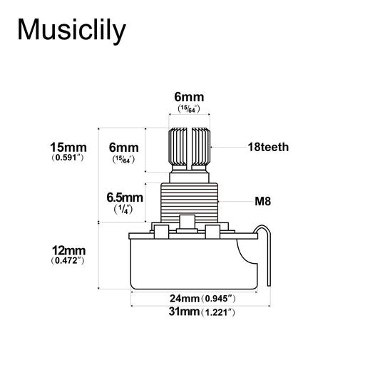 Dimensions of musiclily pro 250k brass shaft metric coarse 18 spline split short shaft pots audio linear taper potentiometers for electric guitar bass mx1925 4