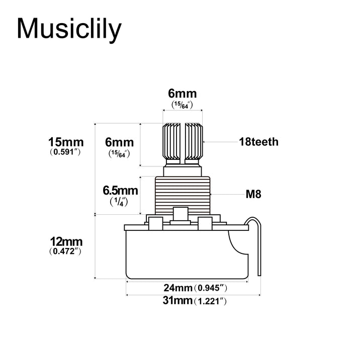 Dimensions of musiclily pro 250k brass shaft metric coarse 18 spline split short shaft pots audio linear taper potentiometers for electric guitar bass mx1925 4