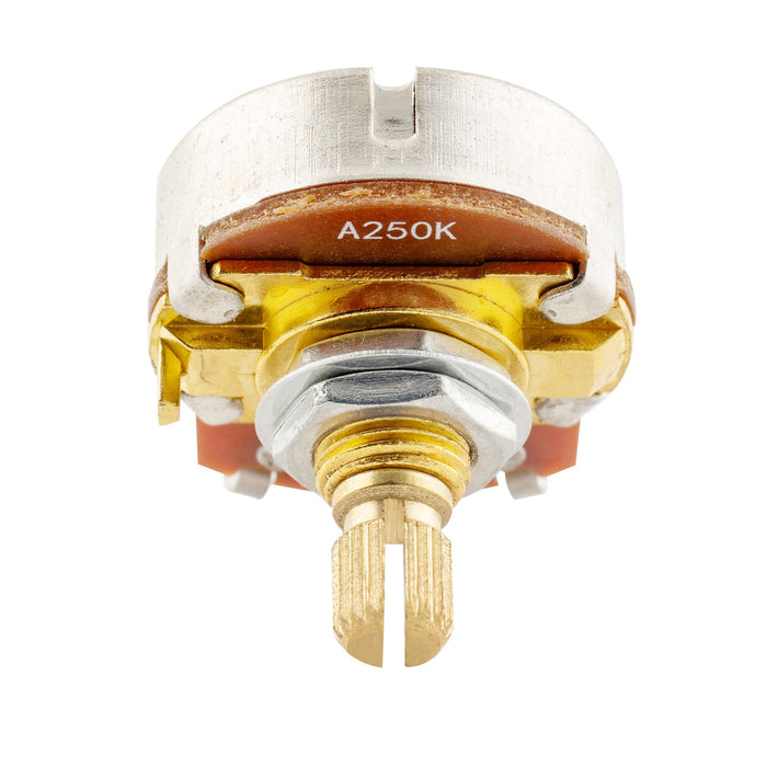 detail of musiclily pro 250k brass shaft metric coarse 18 spline split short shaft pots audio linear taper potentiometers for electric guitar bass mx1925 4