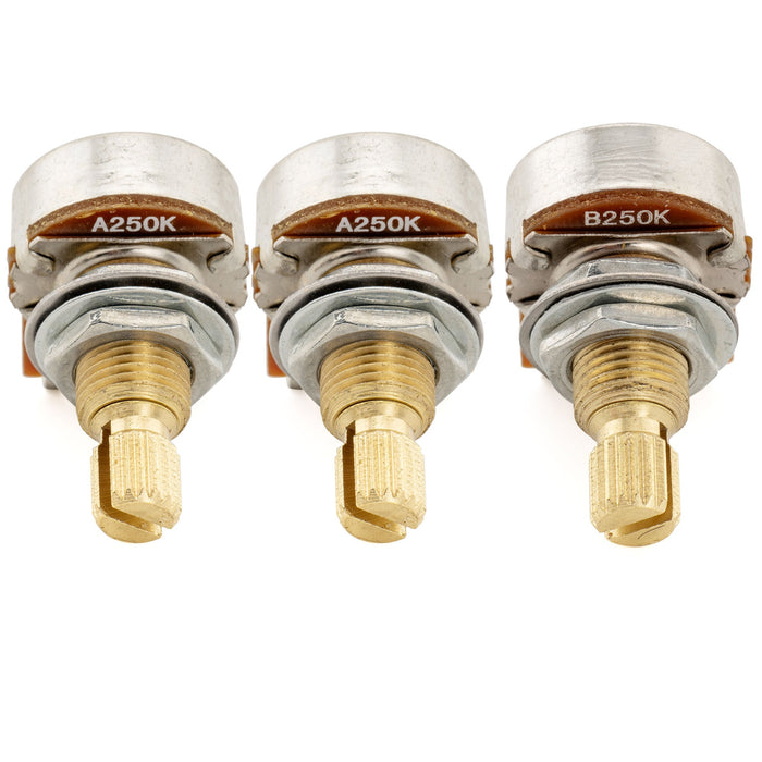 Musiclily Pro A250Kx2+B250K Mini Pots Brass Metric Split Standard Shaft 9.5mm Audio Linear Taper Potentiometers for ST Tele PB JB Style Electric Guitar Bass (Set of 2A1B)