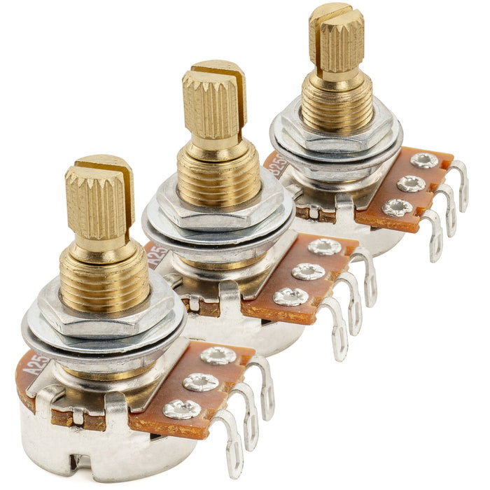 Musiclily Pro A250Kx2+B250K Mini Pots Brass Metric Split Standard Shaft 9.5mm Audio Linear Taper Potentiometers for ST Tele PB JB Style Electric Guitar Bass (Set of 2A1B)