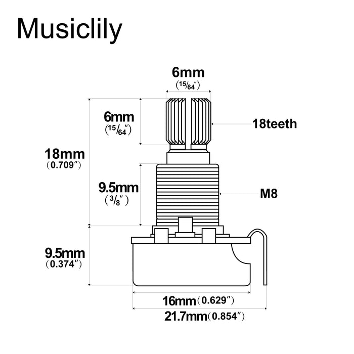 Dimensions of musiclily pro 250k brass thread mini metric coarse 18 spline split shaft pots audio linear taper potentiometers for electric guitar bass mx1933 4