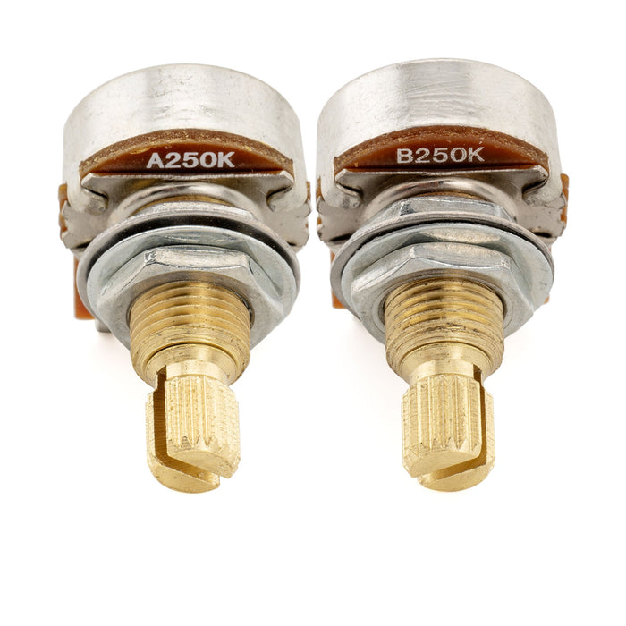 Musiclily Pro A250K+B250K Mini Pots Brass Metric Split Standard Shaft 9.5mm Audio Linear Taper Potentiometers for ST Tele PB JB Style Electric Guitar Bass (Set of 1A1B)