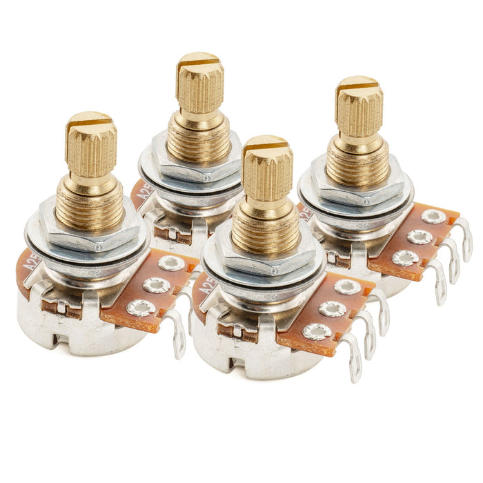 Musiclily Pro A25K Mini Pots Brass Metric Split Standard Shaft 9.5mm Audio Taper Potentiometers for Active Pickups Electric Guitar Bass (Set of 4)