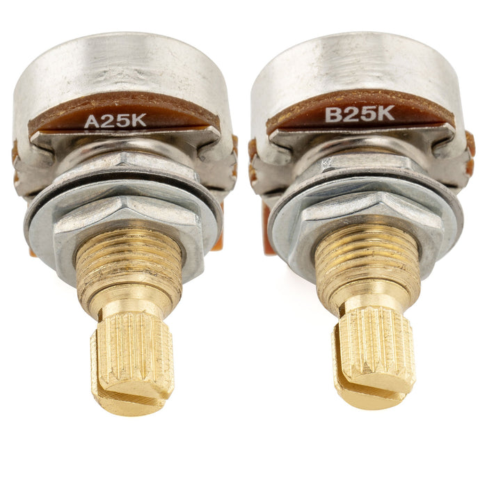 Musiclily Pro A25K+B25K Mini Pots Brass Metric Split Standard Shaft 9.5mm Audio Linear Taper Potentiometers for Active Pickups Electric Guitar Bass (Set of 1A1B)