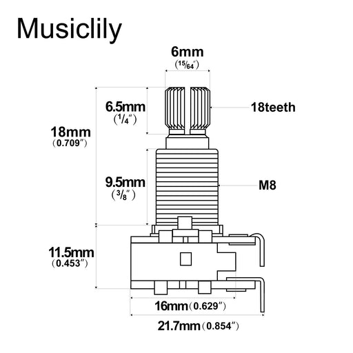 Dimensions of musiclily pro mn250k aluminum thread mini metric coarse 18 spline split shaft blend pots dual balance potentiometers with center detent for electric guitar bass mx1959 2