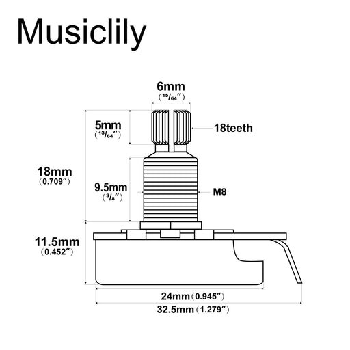 Dimensions of musiclily pro 25k brass shaft metric coarse 18 spline split shaft pots audio linear taper potentiometers for electric guitar bass mx1961 2