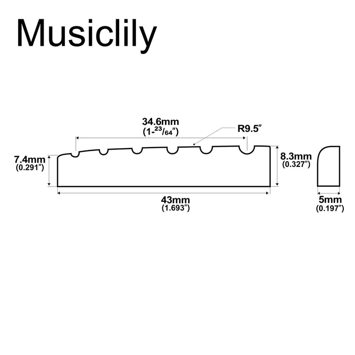 Dimensions of musiclily pro urea resin plastic slotted 43mm lp style guitar nuts flat bottom for 6 string lp style or acoustic guitar mx1994 2p