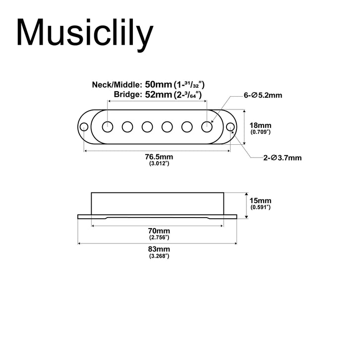 Dimensions of musiclily pro plastic 50 50 52mm st guitar single coil pickup covers set for import strat squier mx1996 2mx1997p