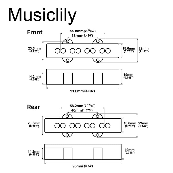 Dimensions of musiclily pro plastic jazz bass pickup covers set for fender j bass mx2000bkmx2001bk