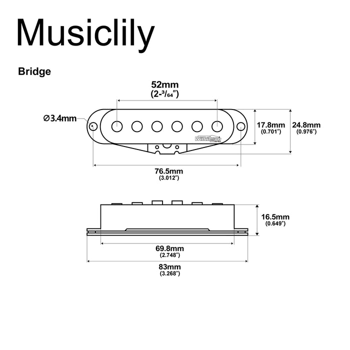 Dimensions of wilkinson m series high output alnico 5 st single coil bridge pickup for strat style electric guitar mx2067bk