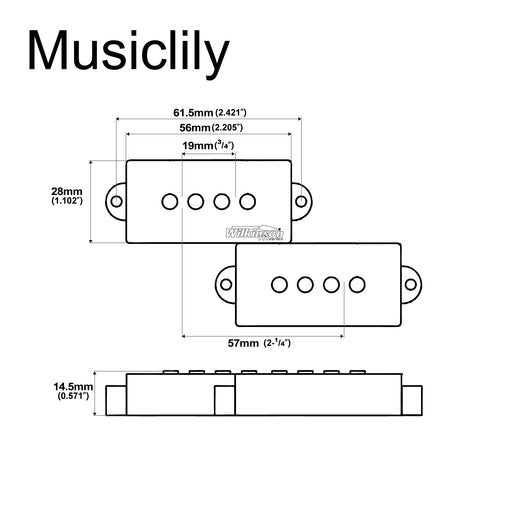 Dimensions of wilkinson m series wopb variable gauss vintage tone alnico 5 humbucker pickups set for 4 string precision bass mx2072