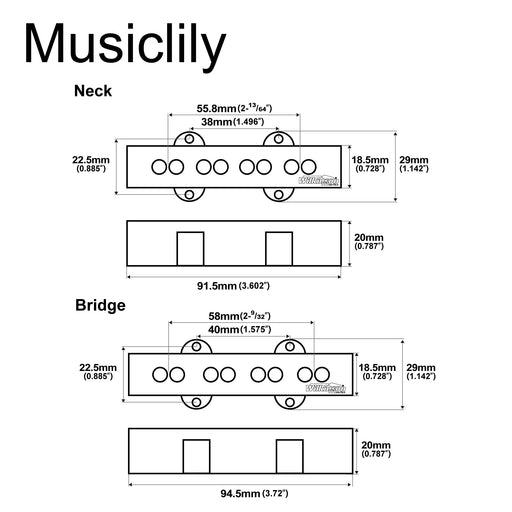 Dimensions of wilkinson m series wojb variable gauss vintage tone alnico 5 single coil pickups set for 4 string jazz bass mx2073mx2074