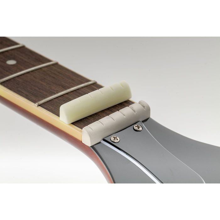 Application of musiclily pro 43 99mm flat bottom slotted electric and acoustic guitar bone nut for 6 string epiphone pre 2014 mx2096iv 2